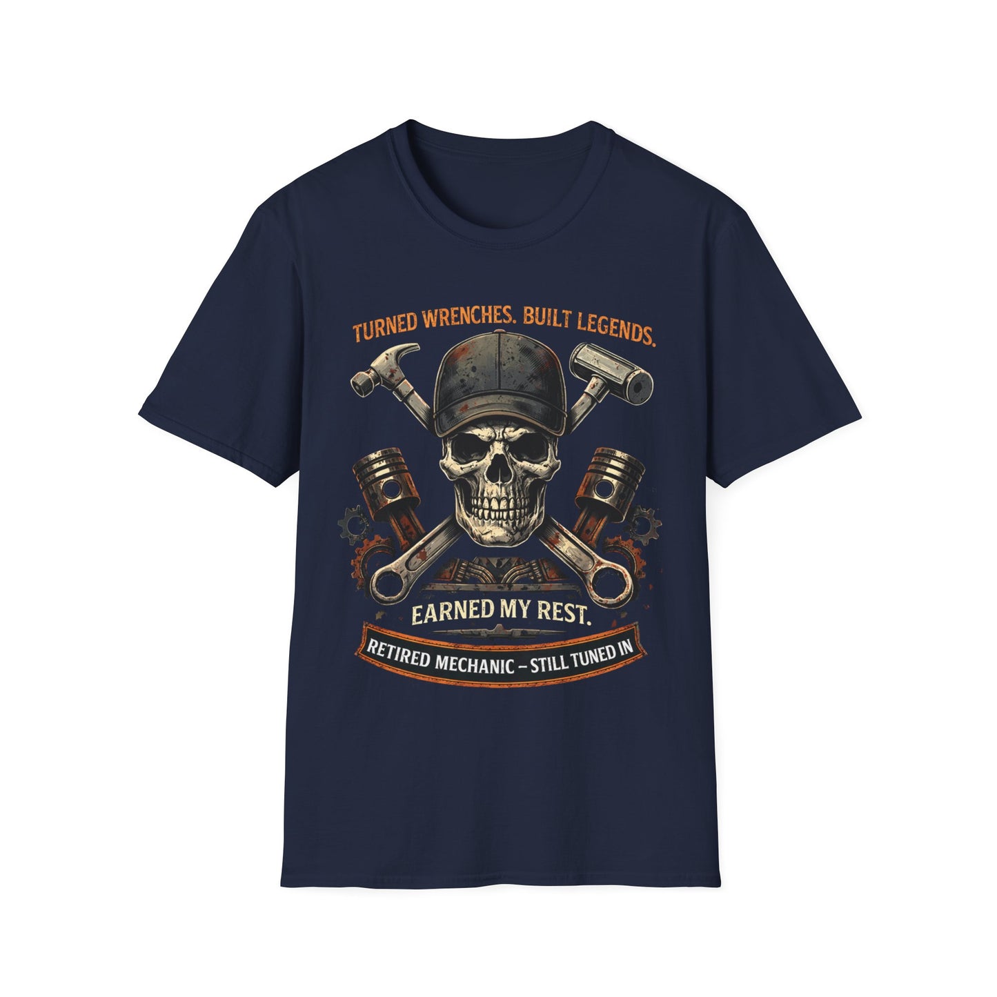 Retired Mechanic T-Shirt — "Turned Wrenches, Built Legends" Skull & Tools Tee