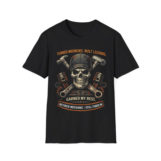 Retired Mechanic T-Shirt — "Turned Wrenches, Built Legends" Skull & Tools Tee