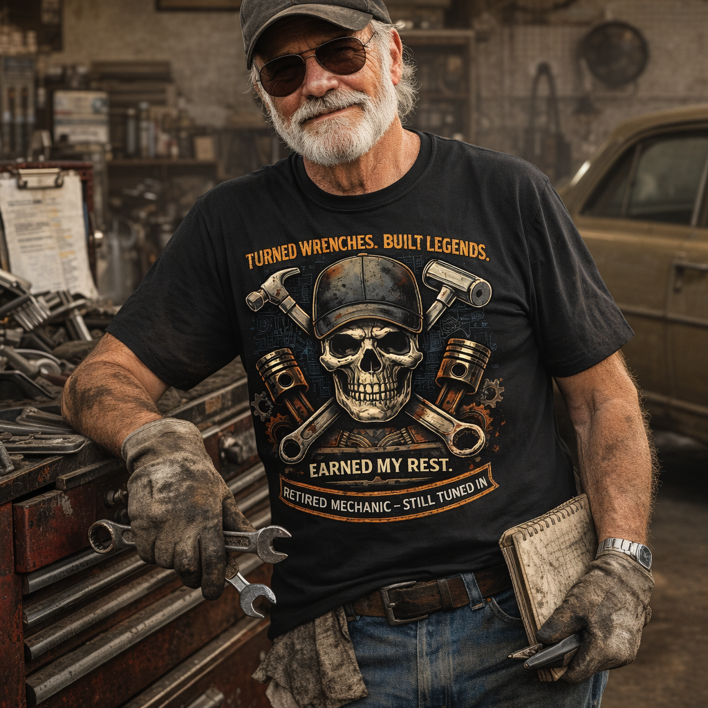 Retired Mechanic T-Shirt — "Turned Wrenches, Built Legends" Skull & Tools Tee